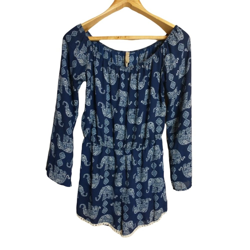 Jesse & J Blue White Elephant Shorts Romper Size Large